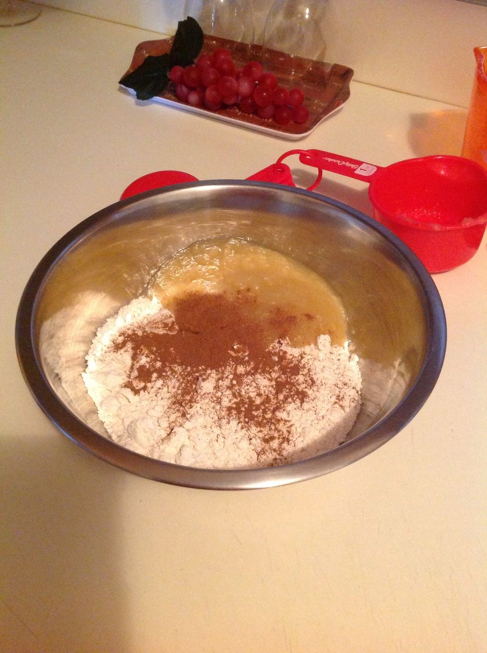 Add pancake mix, apple sauce and cinnamon to your bowl. Mix ingredients together. Batter will be lumpy (don't worry, this is fine).