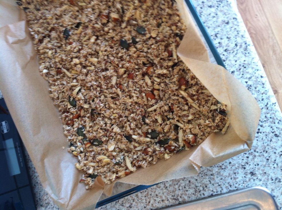 Add parchment paper to your cookie sheet (I managed to break mine yesterday so I had to use this gratin dish) and spread mixture in fingerthick layer onto the paper.