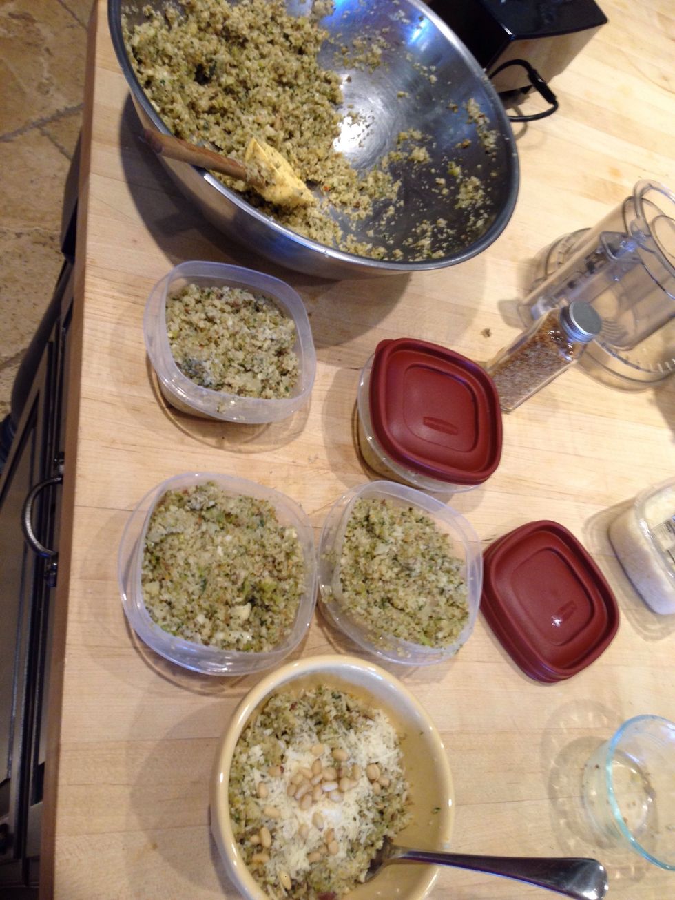 Add Parmesan and pine nuts if you wish after it's hot and ready to eat. Freezing does well too! I added black pepper, salt and crushed red pepper for kick. Feel free to improvise!