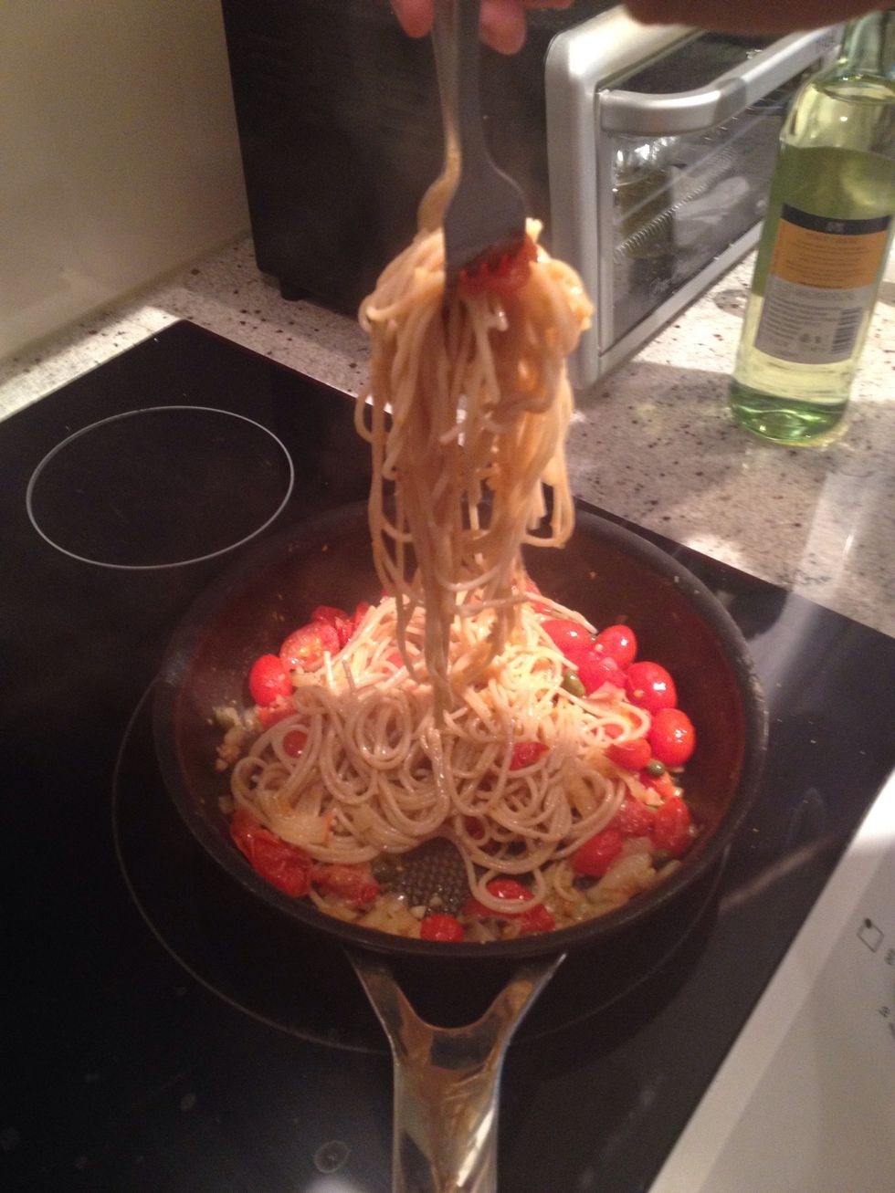 Add pasta and mix. You can add the pasta water at this step and let it cook for another 2 min or until there is no more water