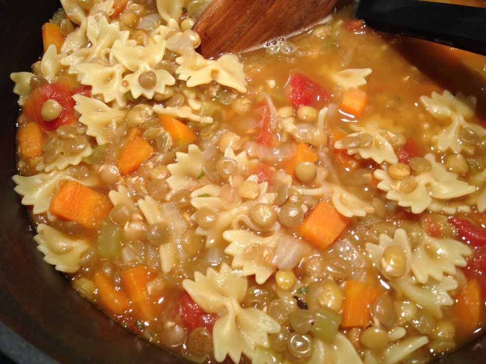 Add pasta, lower or remove from heat early to prevent over cooking the noodle. Re season to taste.