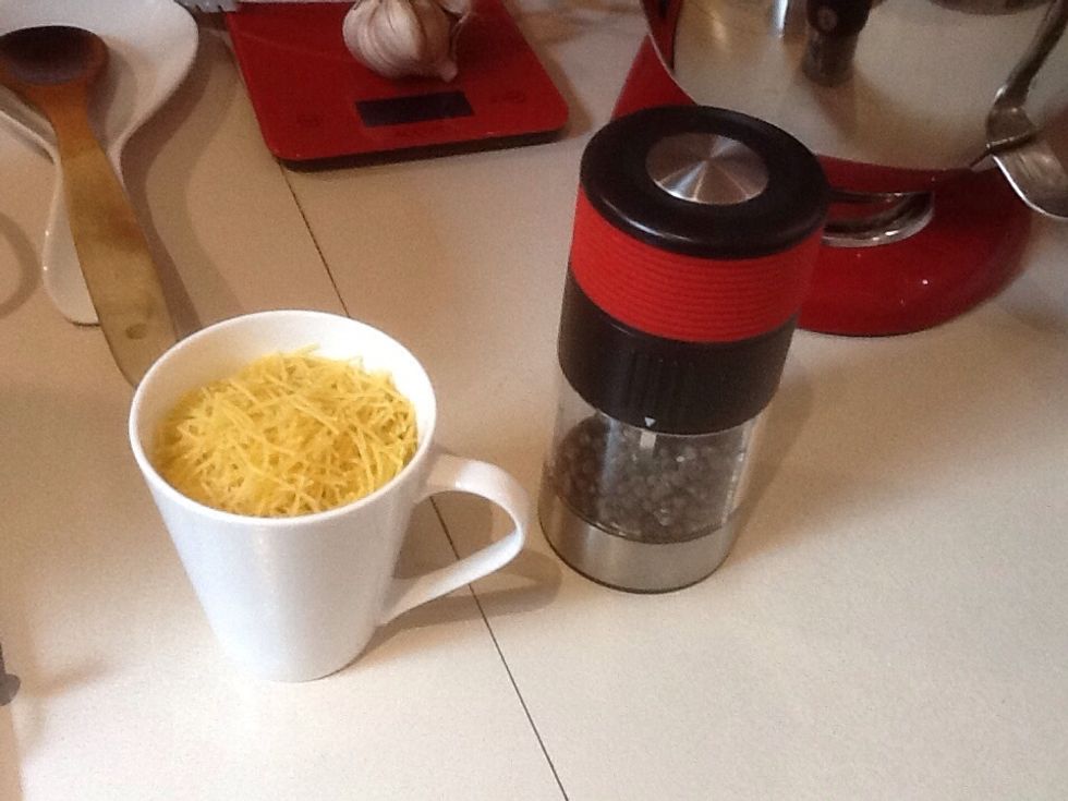 Add pasta, season with salt and pepper.