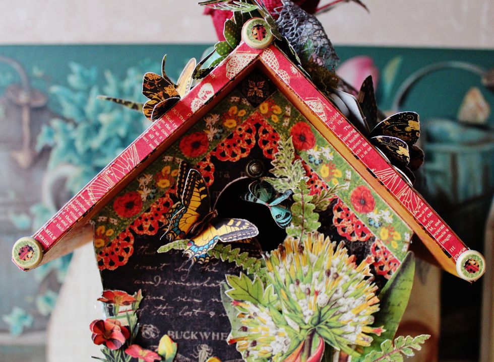 Add pattern paper to front, back and sides of birdhouse. Punch scallop border from pattern paper; add to front and back of prepared birdhouse under border strip.