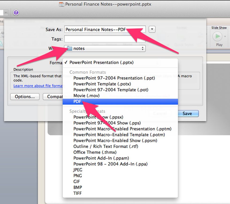 Add "PDF" at the end of the file name, choose where you want it to save, than choose "PDF" as the Format.