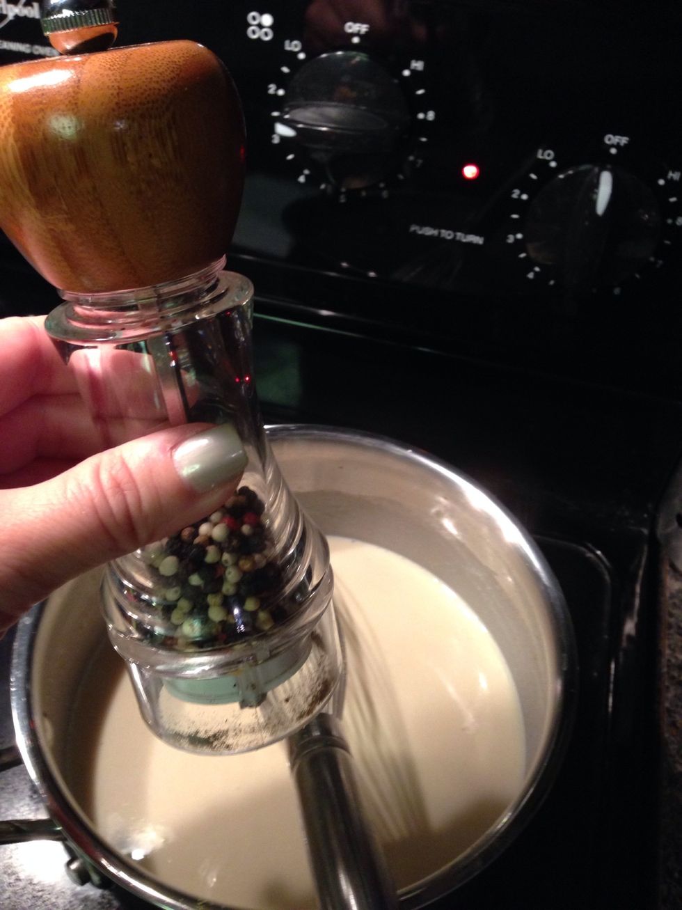 Add pepper (I use a blend of peppercorns and use less when making for kids).