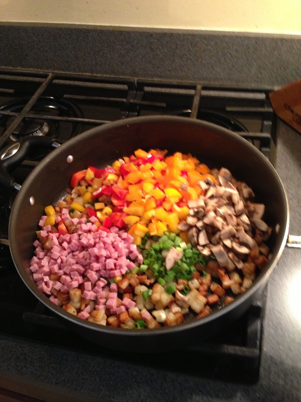 Add  peppers,mushrooms, ham, onions cook for 5 minutes or so mixing as you go
