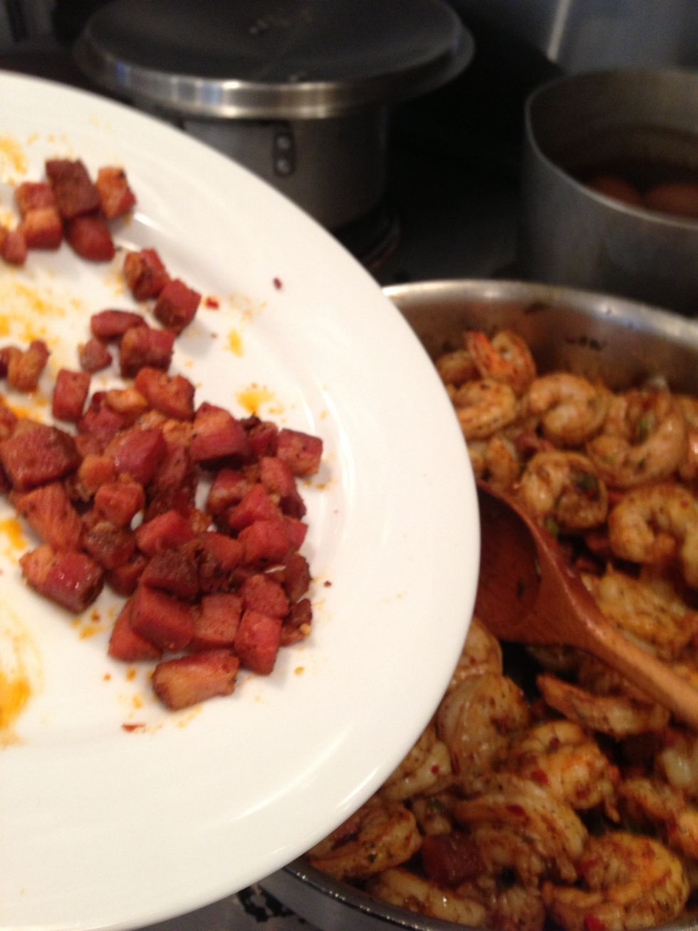 Add pork Tasso to pan