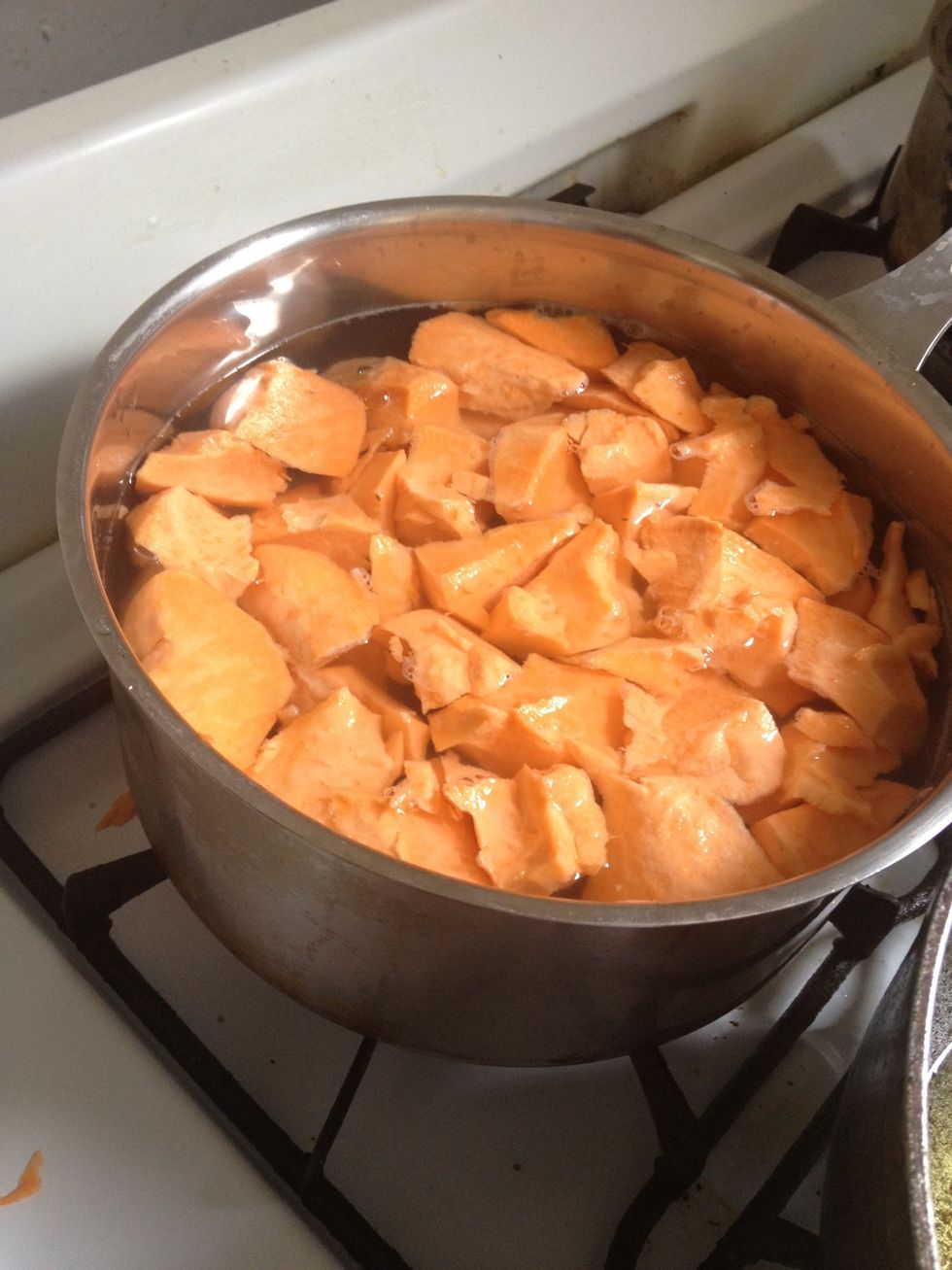 Add potato to pot of water. Cover and cook under medium heat.