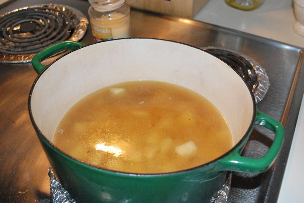Add potatoes and corn stock or water - simmer until potatoes are fork-tender