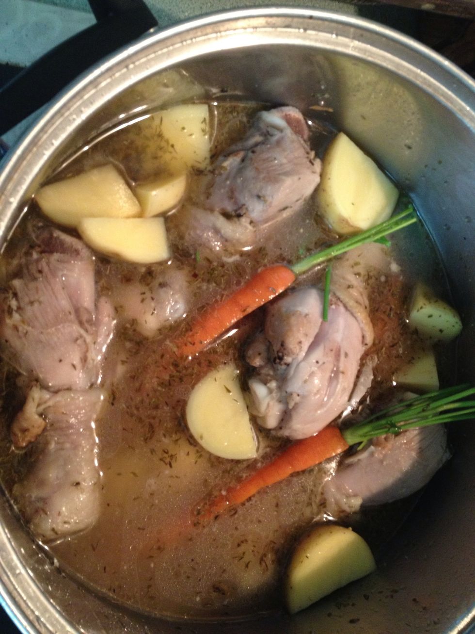 Add potatoes, shallots and carrots, continue to simmer for 30 mins.