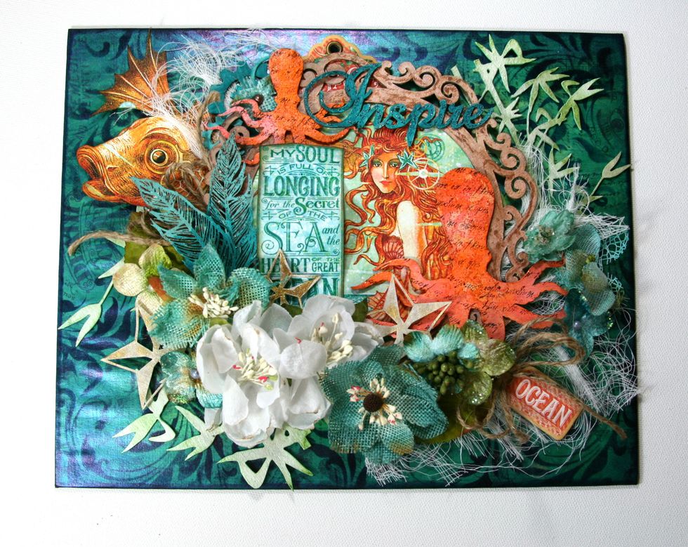 Add prepared Gypsy Soul Inspire Sentiment, G45 chipboard tag and twine bows.