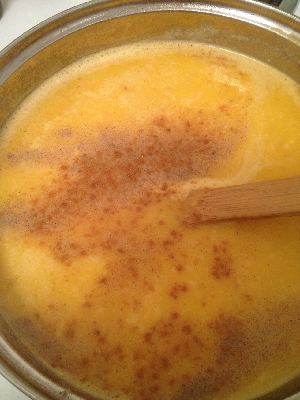 Add pumpkin pur\u00e9e, spices, and lime juice. Heat to boiling.