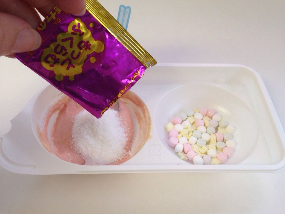 Add Purple and Gold Fizzy Foaming Packet to Left Side Mixture-AND ADD 1 More SCOOP of WATER (not pictured) & Mix-This is so awesome-Super Fizzy Foaming-With Japanese Candy, it's always an experience!!