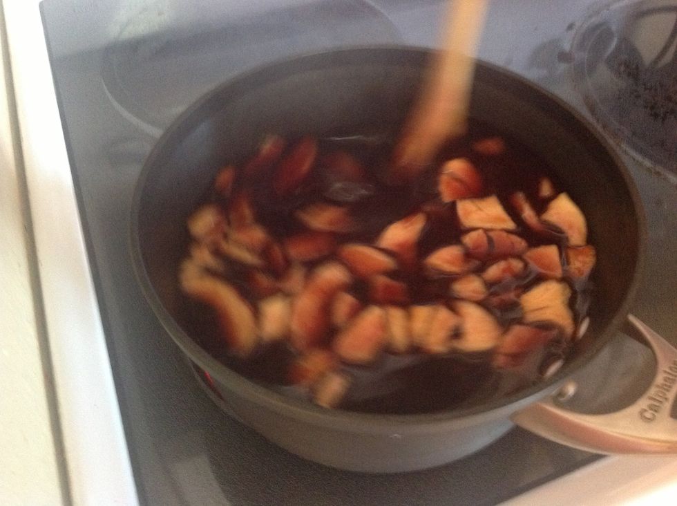 Add purple mixture to boiling fruit, take pan off burner before adding the purple, cook like this for one minute