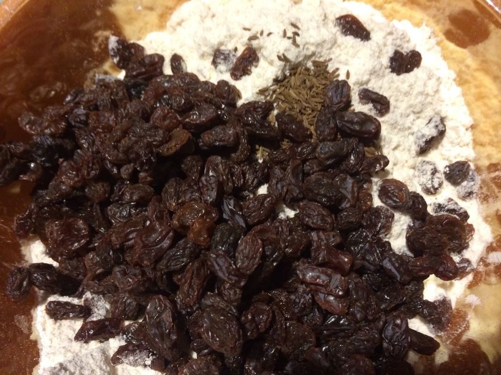 Add raisins and caraway seeds