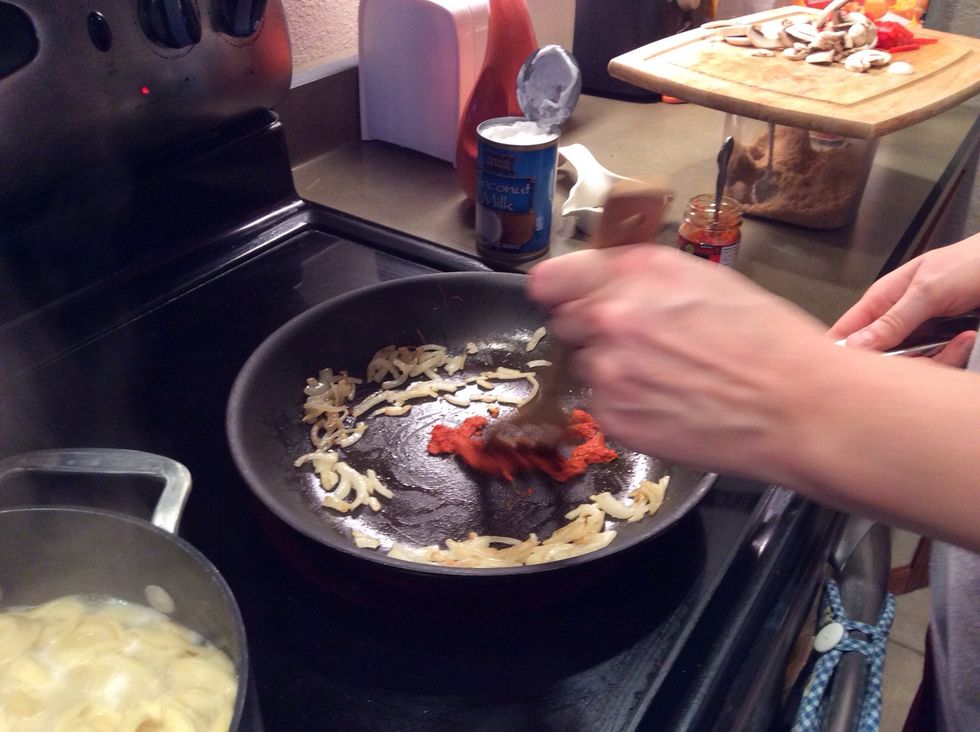 Add red curry paste. Cook until incorporated into onion. Do not over cook.