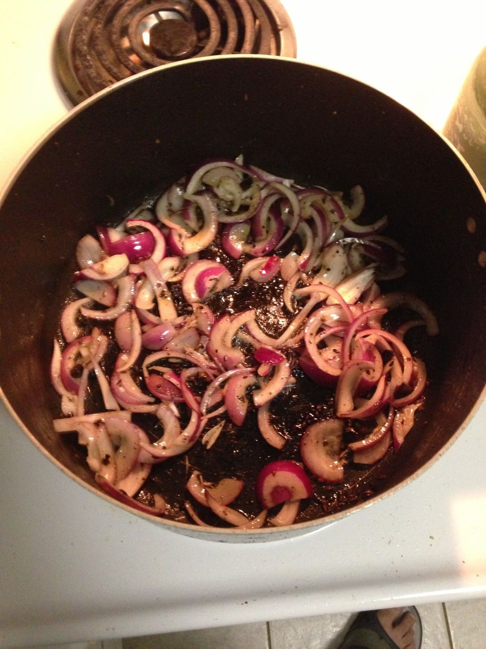 Add red onion and let them sweat for a 2-3 mins. Neat trick, if you remove the root (white part) of onions they will separate out In warm oil
