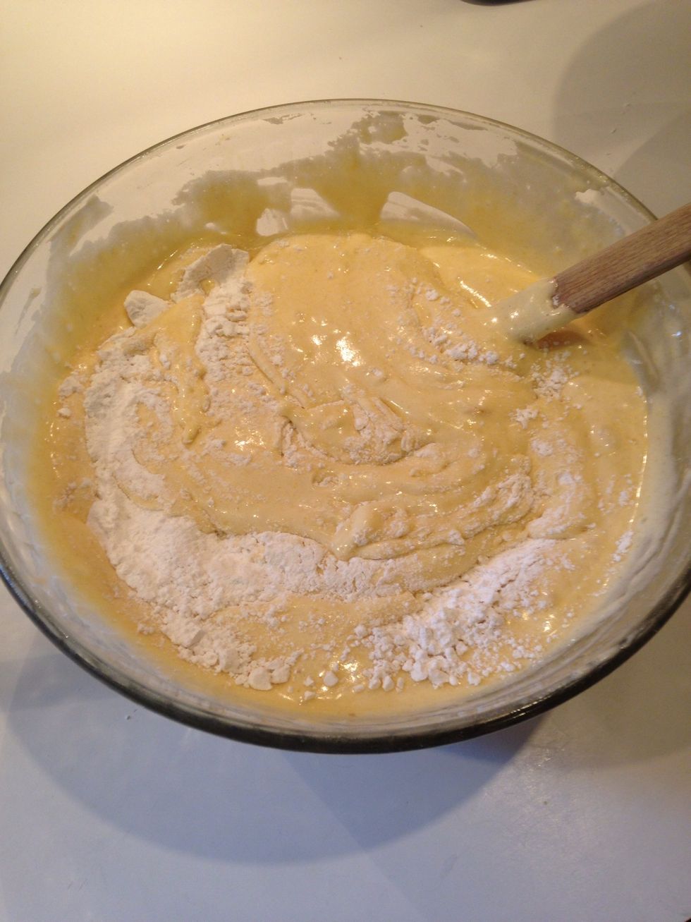 Add remaining flour mixture and repeat folding process. Remember to scrape bottom of bowl because every time you think it's incorporated you will find more pockets of flour!