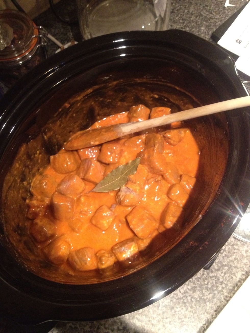 Add remaining ingredients EXCEPT for the sour cream - that goes in at the end. Stir and add your bay leaf.