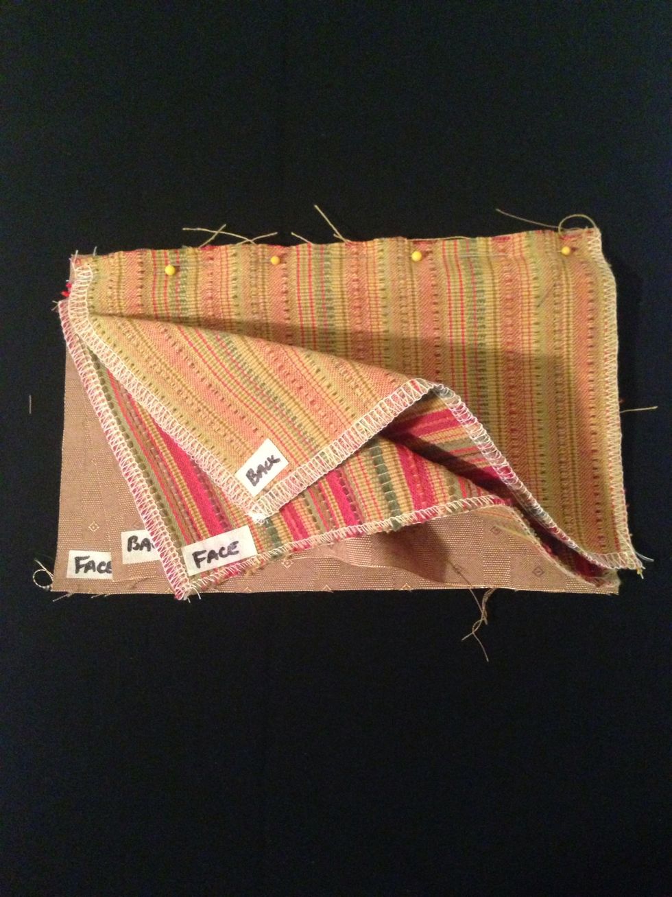 Add remaining STRIPE FACES together & SOLID FACES together.  Sew across top (see pins).
