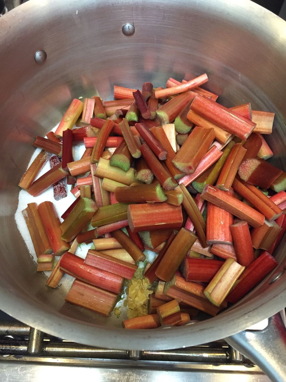 Add rhubarb, sugar, diced gingers, lime juice and lime zest to a saucepan.