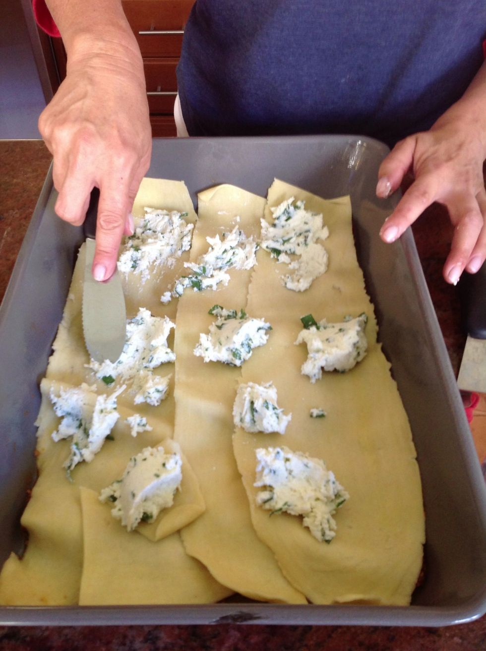 Add ricotta cheese to the first layer and spread out.