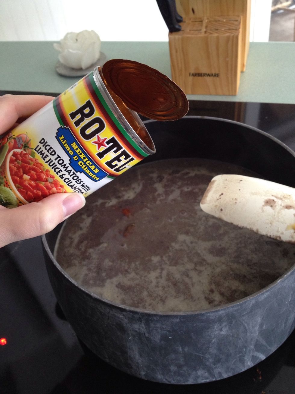 Add Ro-Tel and corn to your soup base. Return to a boil. (Corn, salsa, etc. are all optional. I often add a cup of salsa, when I want it to be a bit more spicy.)