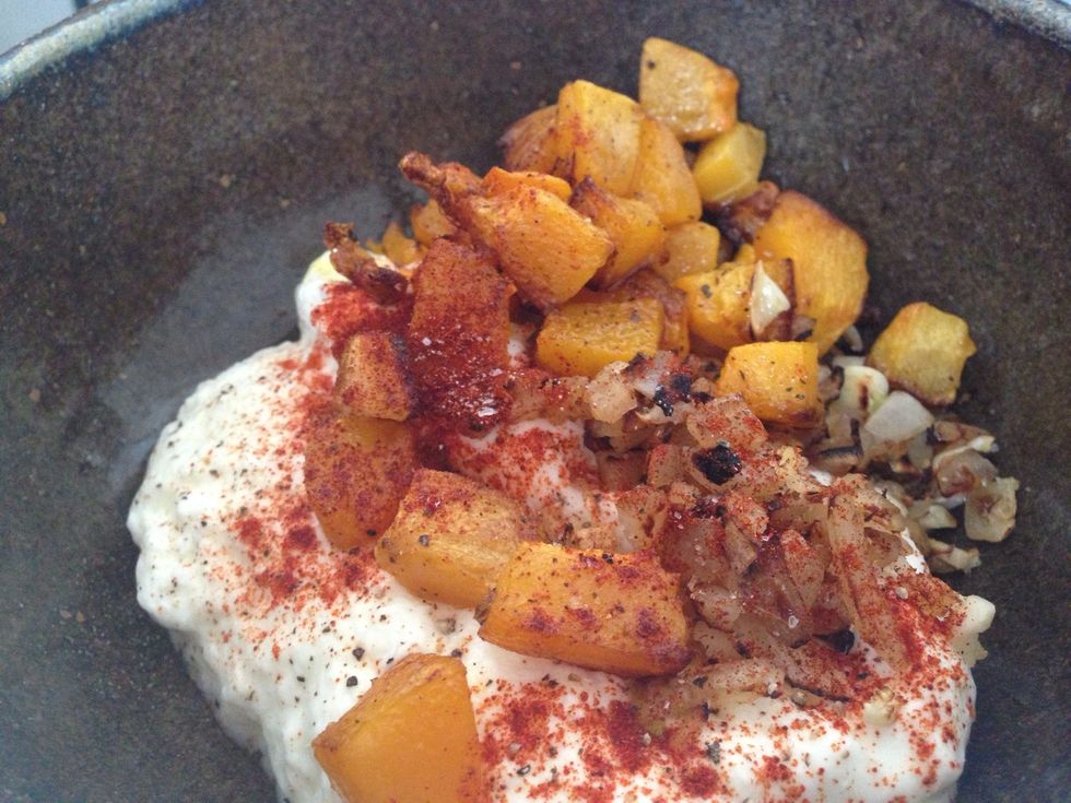 Add roasted squash, onion&garlic, salt, pepper, and paprika to taste. Mix it all up.