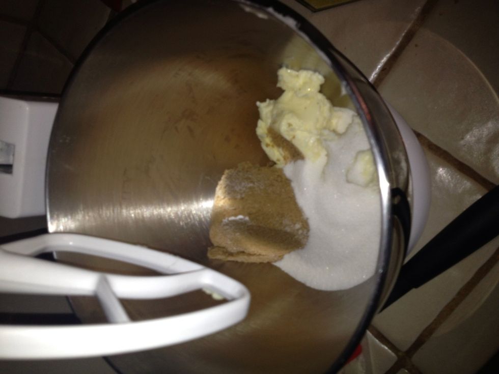 Add room temperature butter, sugar and brown sugar to stand mixer.