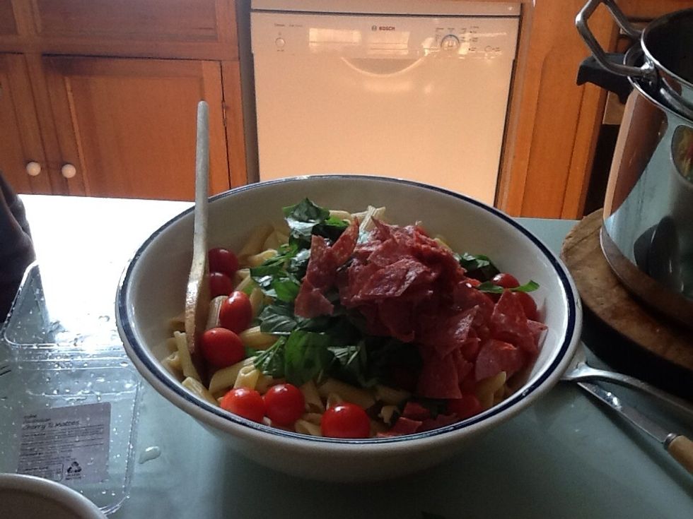 Add salami to the pasta