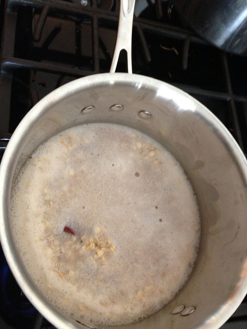 Add salt and oatmeal to boil. Lower heat and simmer for 30 min, stirring often. Add condensed milk slowly and to taste. Be careful it will sweeten strongly. Simmer for 15 minutes.