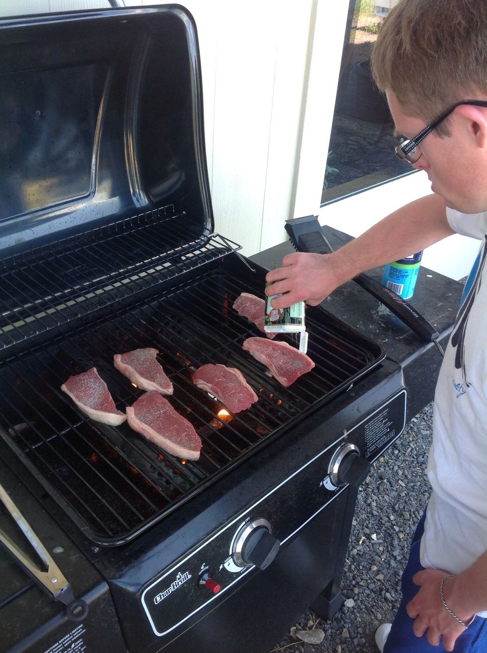 Add salt and pepper to both sides of the steak and grill on both sides until steaks are cooked about 10 minutes. Take steaks off grill.