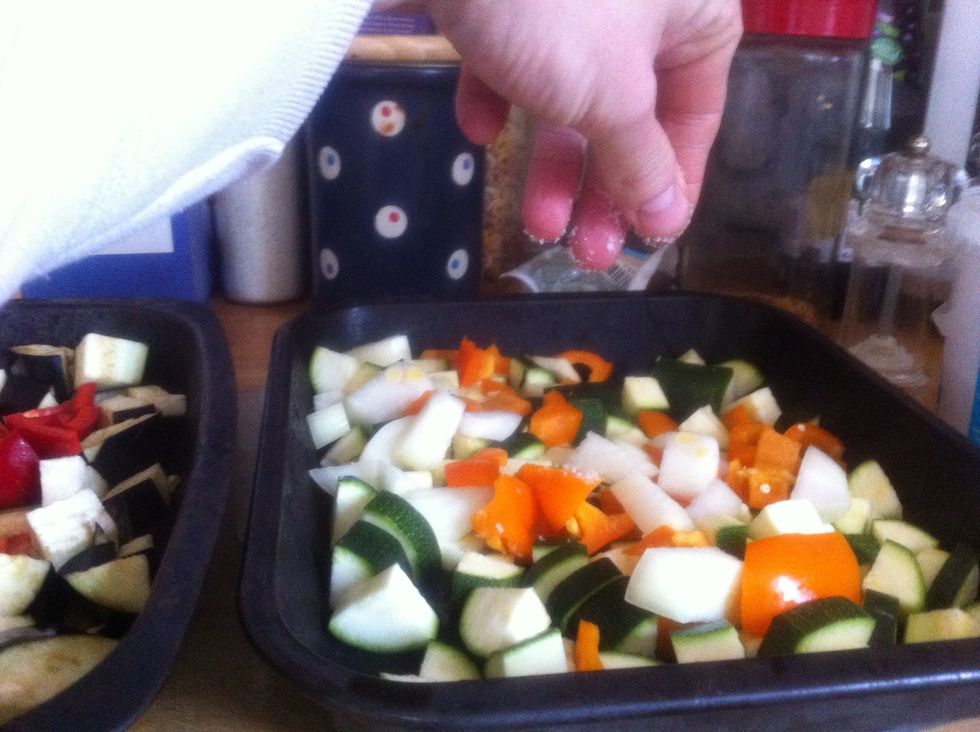Add salt and pepper to both tins.
