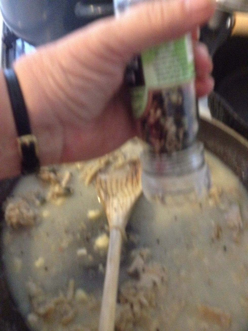 Add salt and pepper to taste. Sorry the photo is out of focus \u2013 I'm cooking with one hand and taking a photo with the other \u2013 yikes!