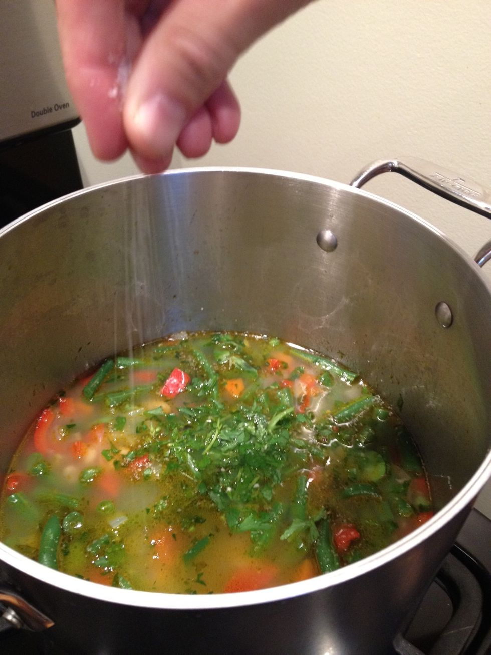 Add salt and pepper to taste. Stir in the chopped parsley and mint. I used almost a cup of herbs, as I really think this flavor is what makes the soup.
