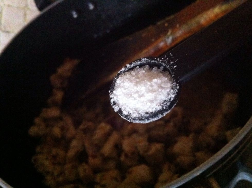Add salt and then add 1 and a half cup water, ginger powder, garlic powder and cook