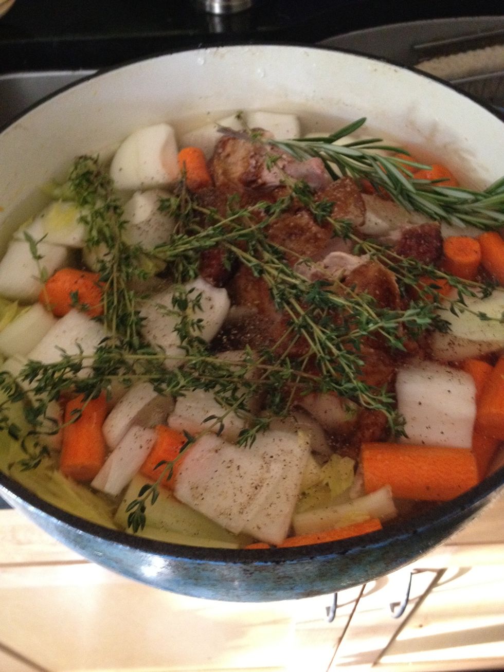 Add salt, pepper, and herbs. Put on stove and bring to a boil. Reduce to a simmer and stir occasionally for at least an hour, longer will add more flavor.