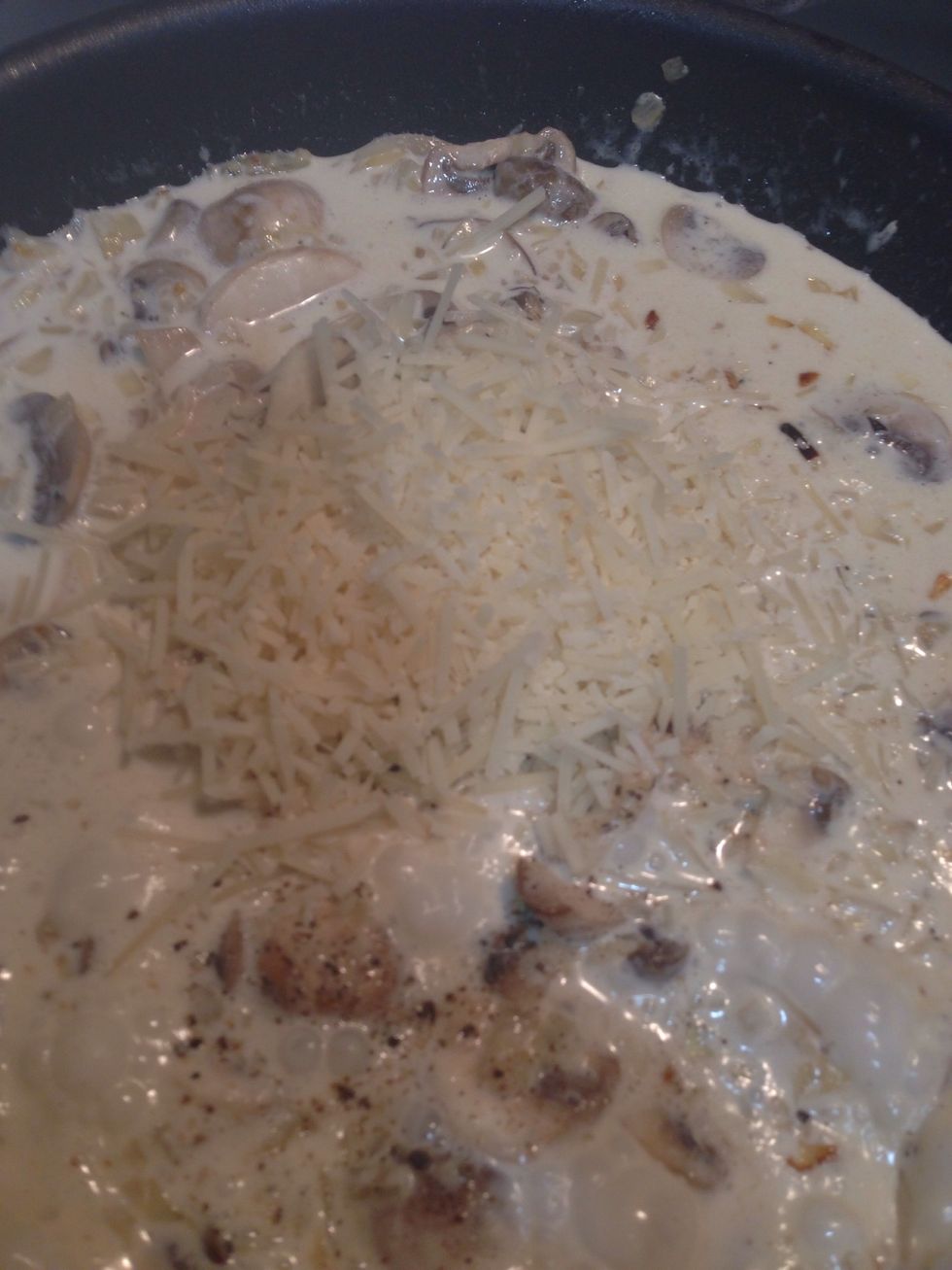 Add salt, pepper, and pamigiano reggiano cheese. Then stir everything till it combine.