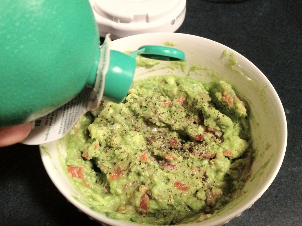 Add salt, pepper & lime juice to taste. I prefer grinding sea salt (7-10 turns) and fresh pepper (3-5 turns) since it tastes fresher. Real limes are great but store bought lime juice works just fine.