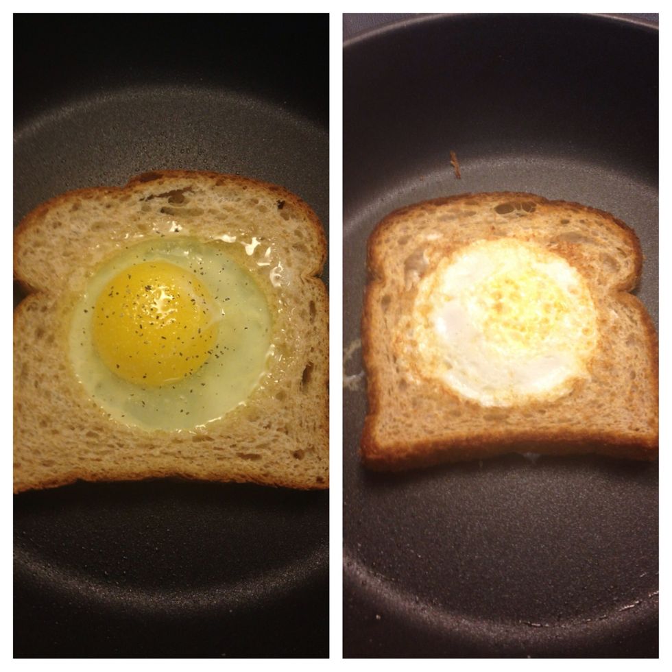 Add salt & pepper to taste. For eggs "over easy", cook until the egg white is half-opaque; about 30 seconds. Lightly spray with more cooking spray & flip to cook other side for 30 seconds more.