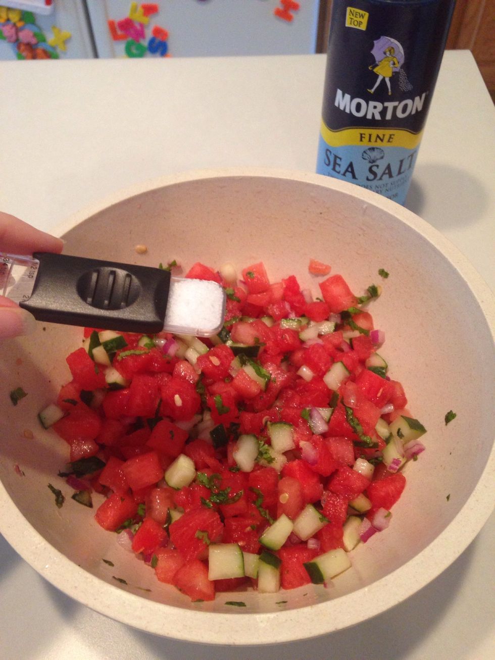 Add salt. Place in refrigerator for at least an hour for flavors to blend.