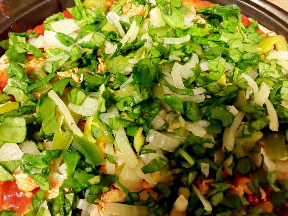 Add sauce and all toppings to your prepared crust. Cook according to crust directions. If you made your own crust cook additional 15 minutes after topping.