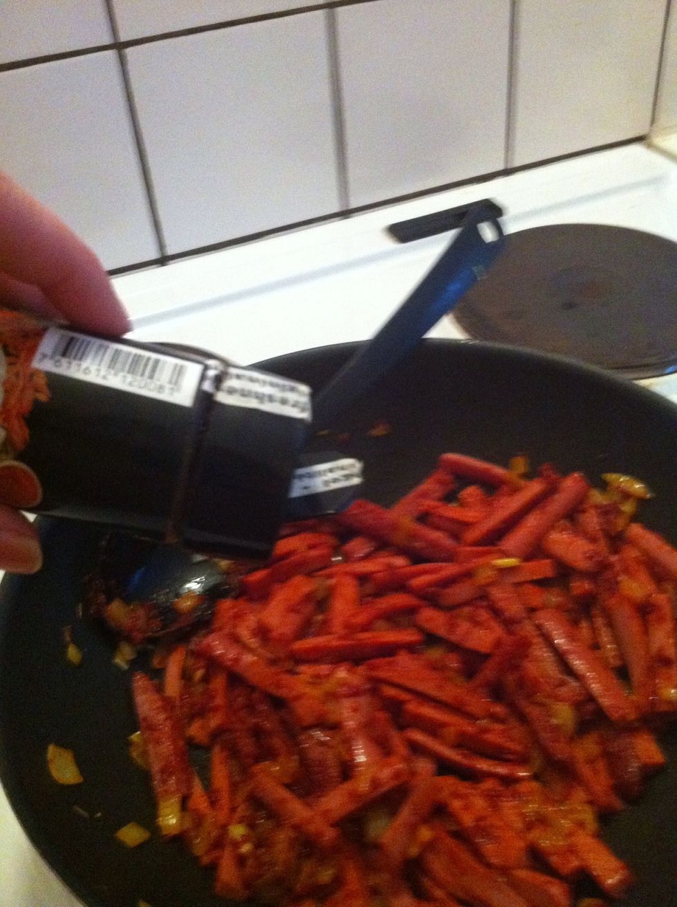 Add sausage and paprika. Fry for a tiny while.