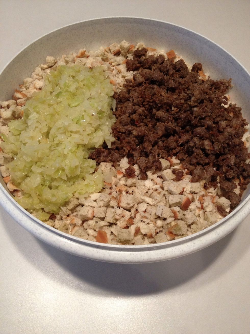 Add sausage, onions, and celery to bread mixture.
