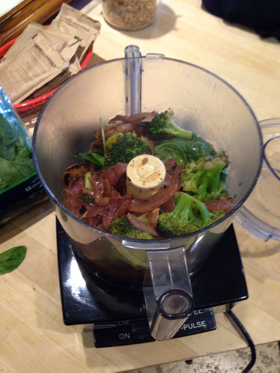 Add saut\u00e9 pan cooked ingredients directly from heat into spinach. Hit pulse until diced "rice" consistency. Pulse so you don't overdo into paste. Taste test for seasoning and consistency.