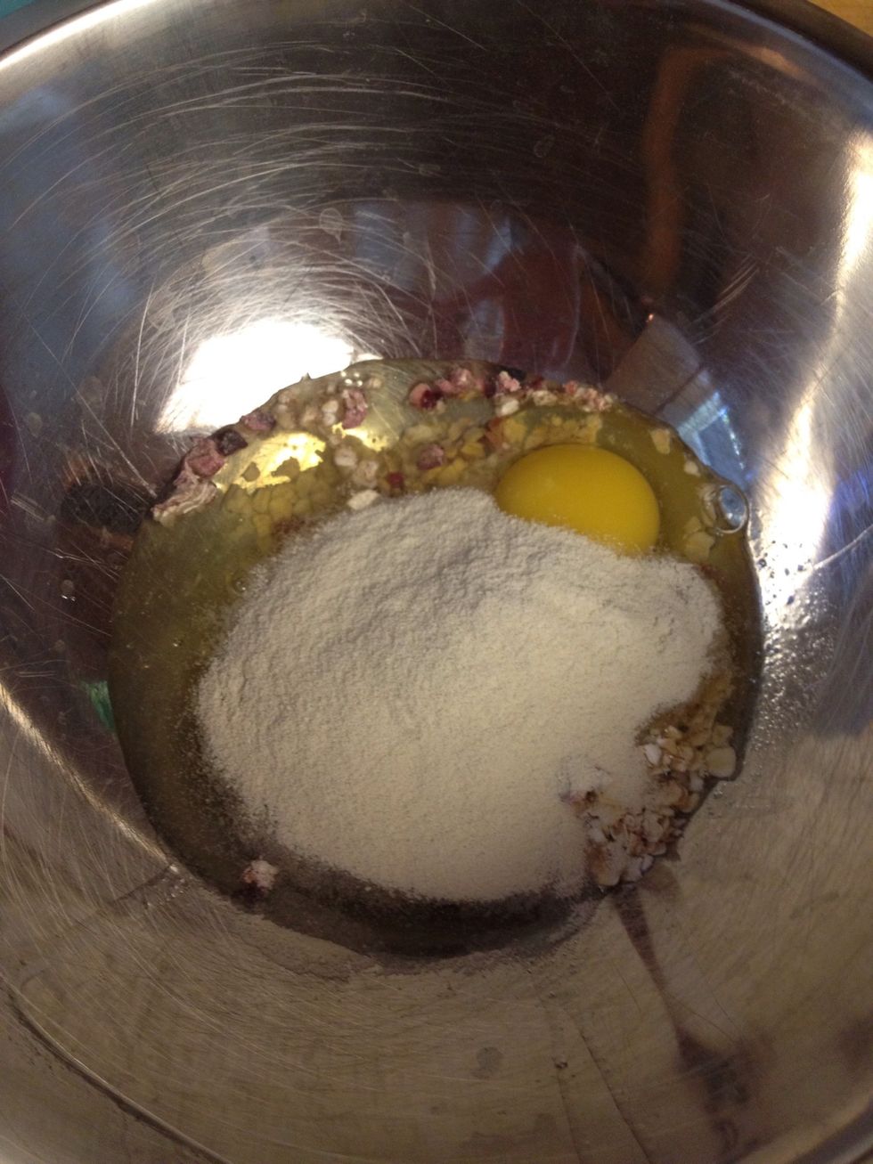 Add scoop of protein powder. Vanilla is safe for a basic recipe or you can get creative and use different flavored protein. I used strawberry for a berry pancake!