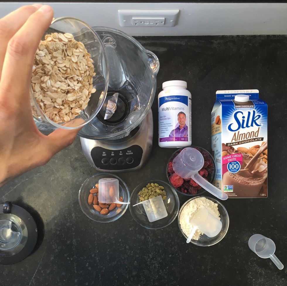 Add scoop of raw rolled oats. Raw rolled oats? Yup. Think muesli.