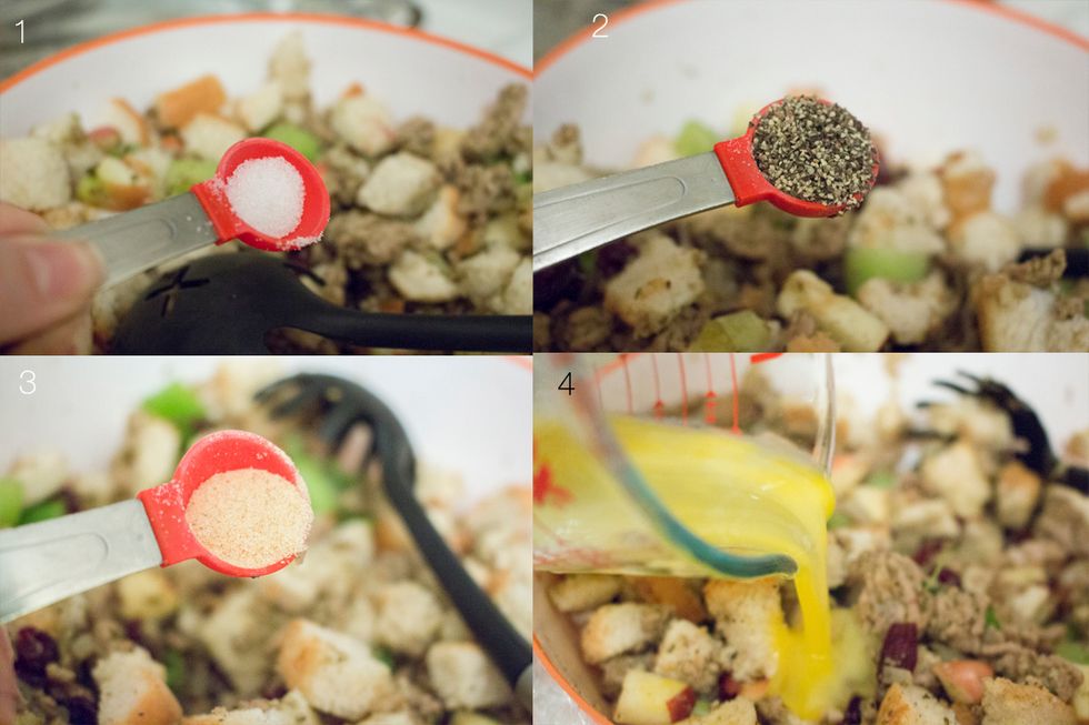 Add sea salt, pepper and garlic powder, then 1 beaten egg to mixture.