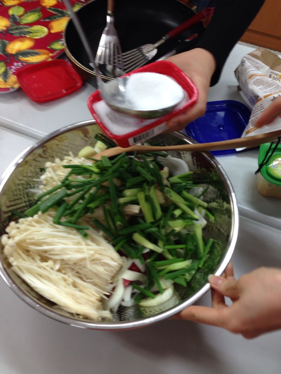 Add seasoned salt, salt, pepper. Be careful, it could be salty if you put to much :( and don't forget Suger ( so important ) :D