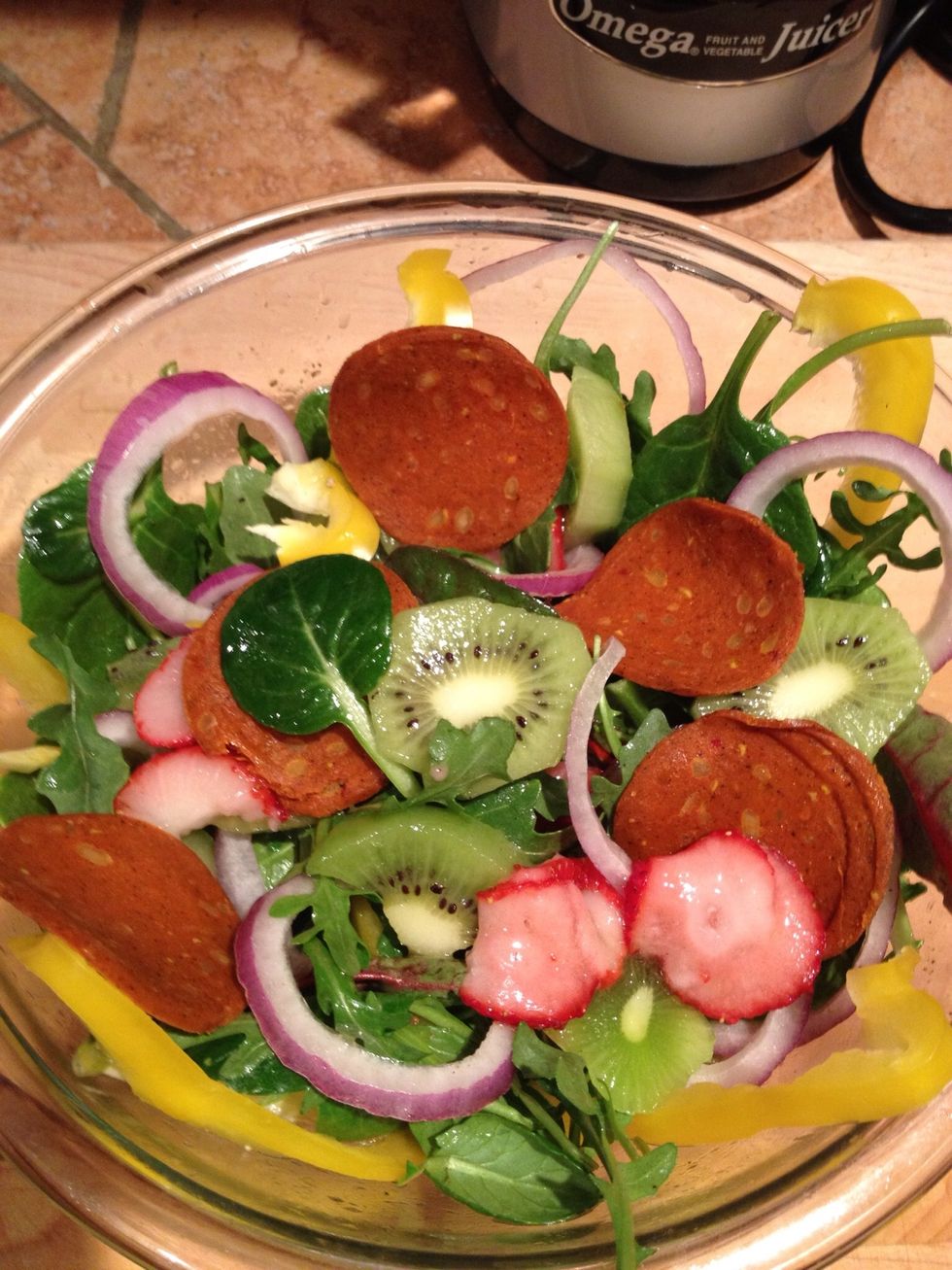 Add second layer and blend then add "pepperoni"and squeeze 2nd 1/2 of lemon on top